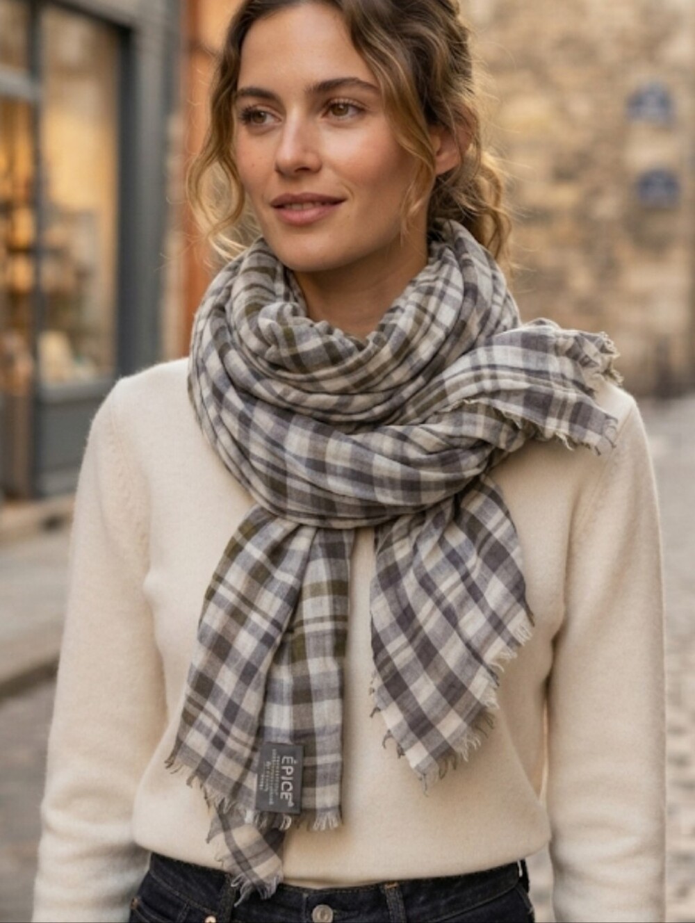 Epice  plaid/checkered stole scarf  Épice Paris.grey Off White One Size